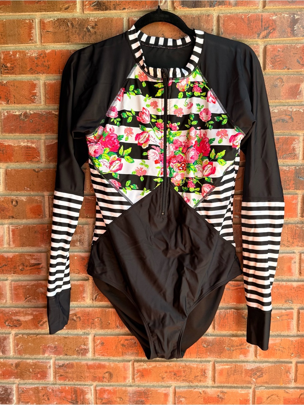 Black Floral Stripe Long Sleeve One-Piece Swimsuit Rashguard